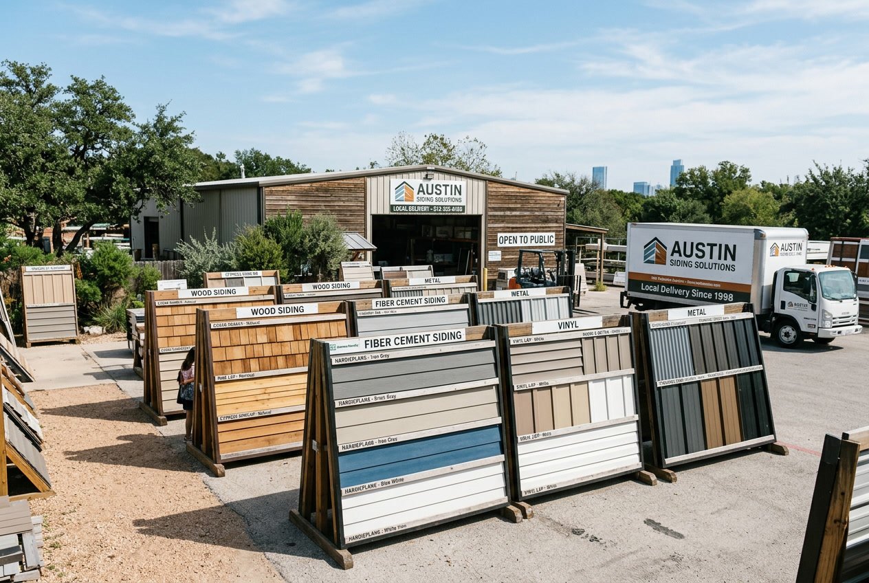 Outdoor display of various siding materials with delivery trucks at a local supplier in Austin, Texas.