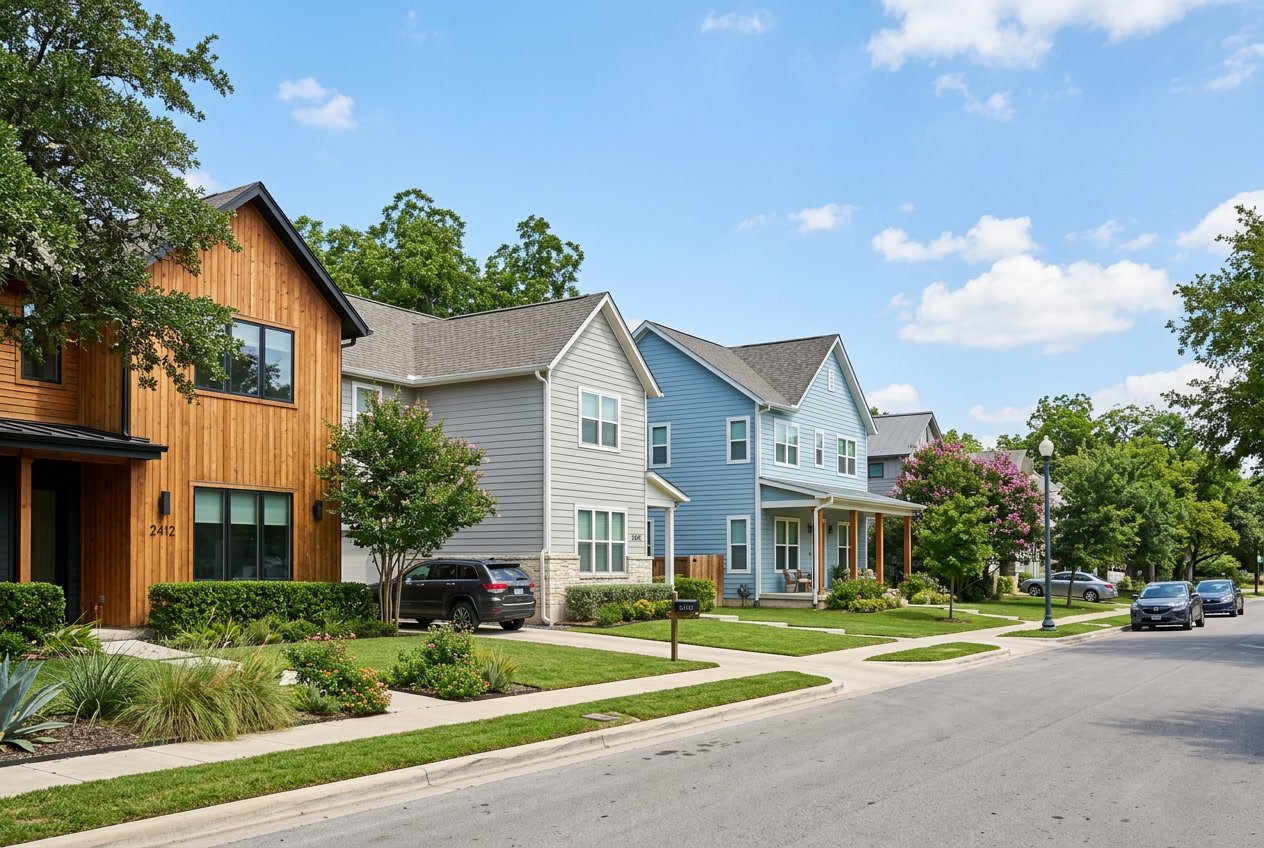 Several houses in a sunny Austin neighborhood showing different types of exterior siding with green lawns and trees.