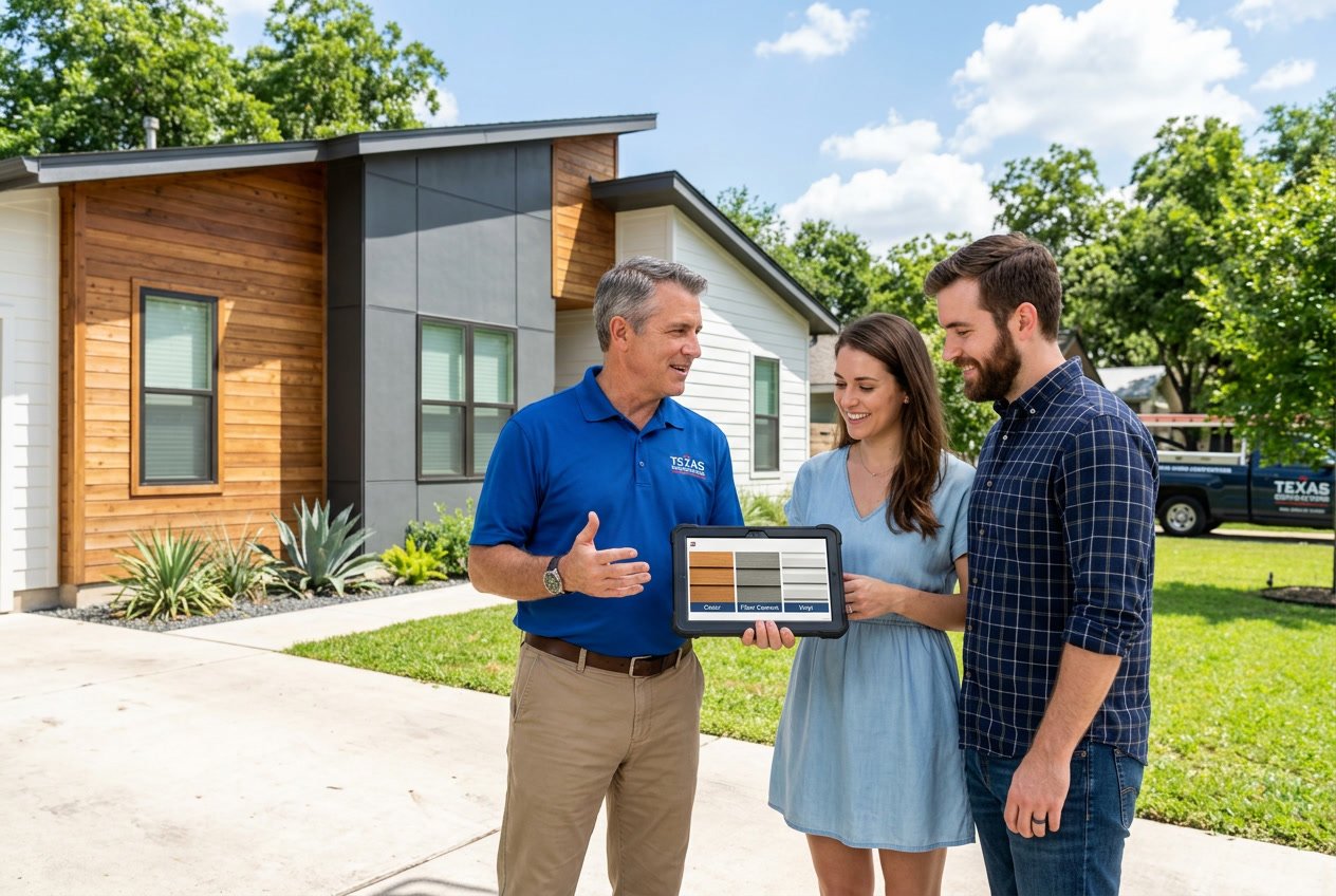 A contractor talks with a couple outside a house showing different siding materials on a sunny day.