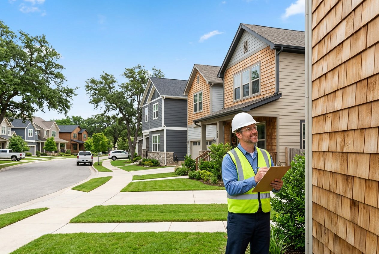 A contractor inspecting the exterior siding of a house in a sunny Austin neighborhood with several homes and trees in the background.