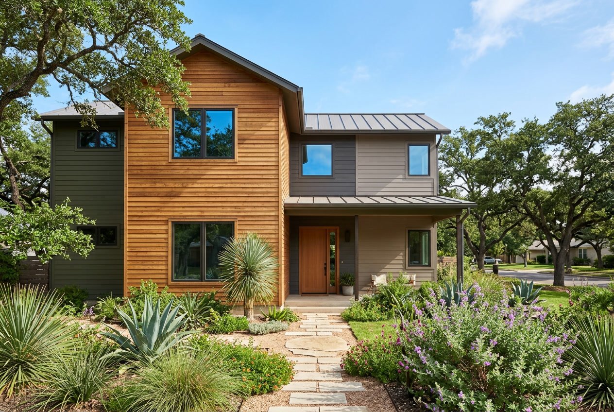 Modern house exterior with eco-friendly siding and native plants in a sunny outdoor setting.