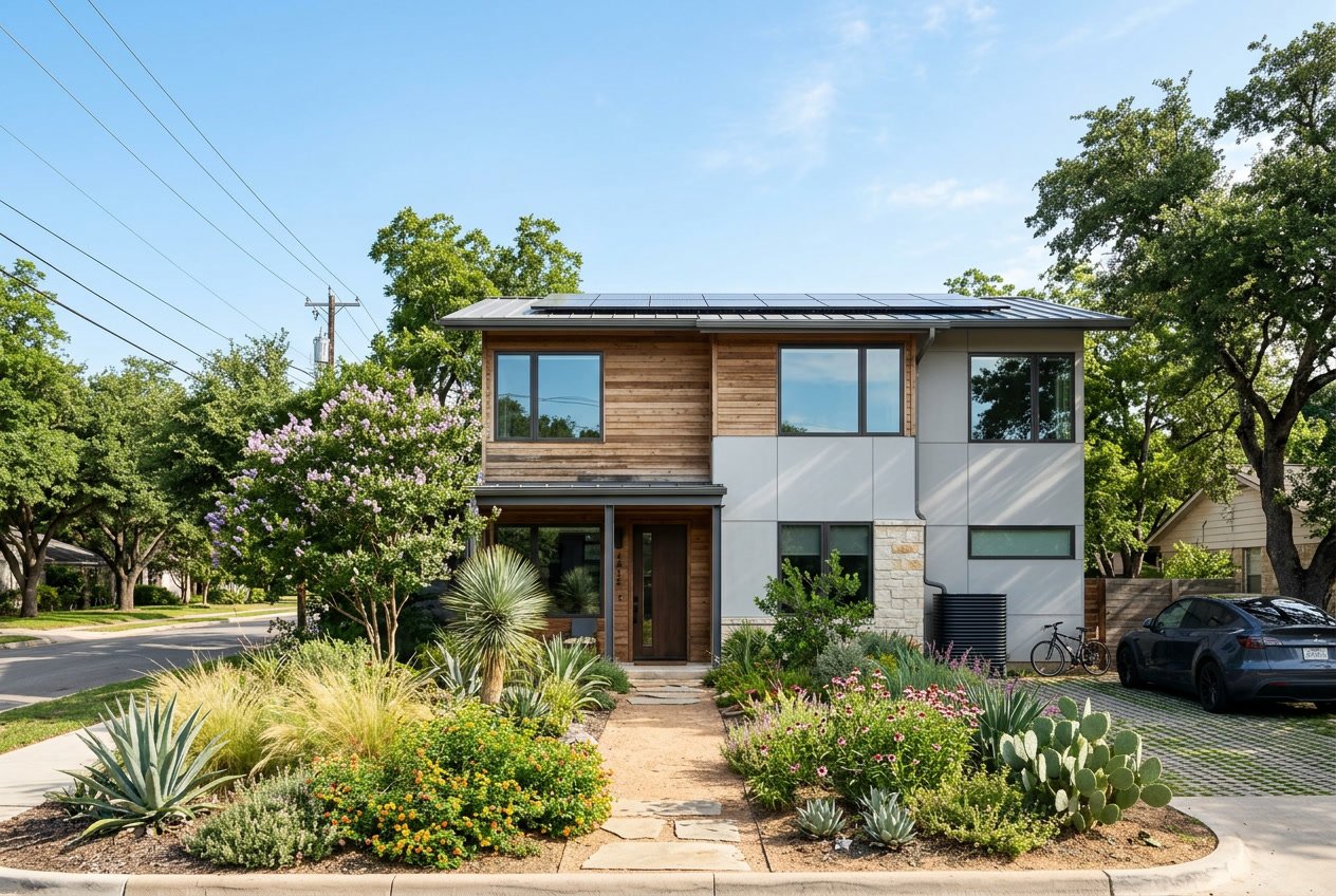 Modern house exterior in Austin with eco-friendly siding and green landscaping under a clear sky.