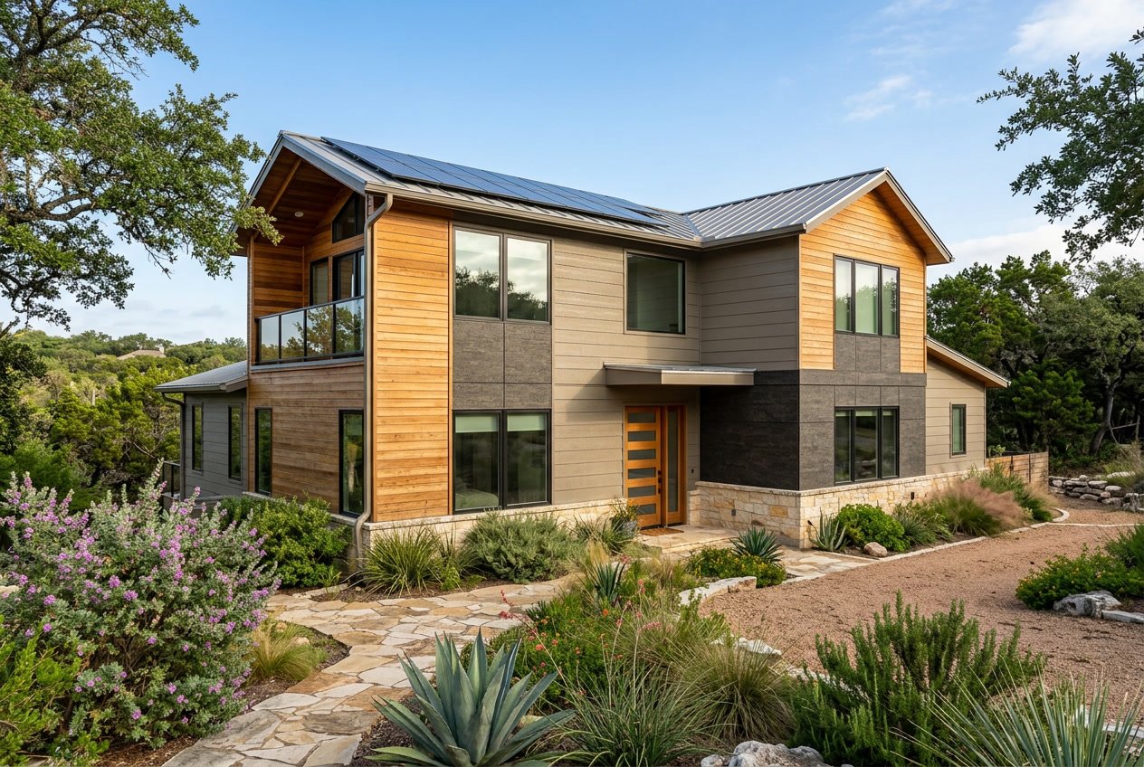 A modern house exterior with eco-friendly siding surrounded by green plants and native landscaping under a clear blue sky.